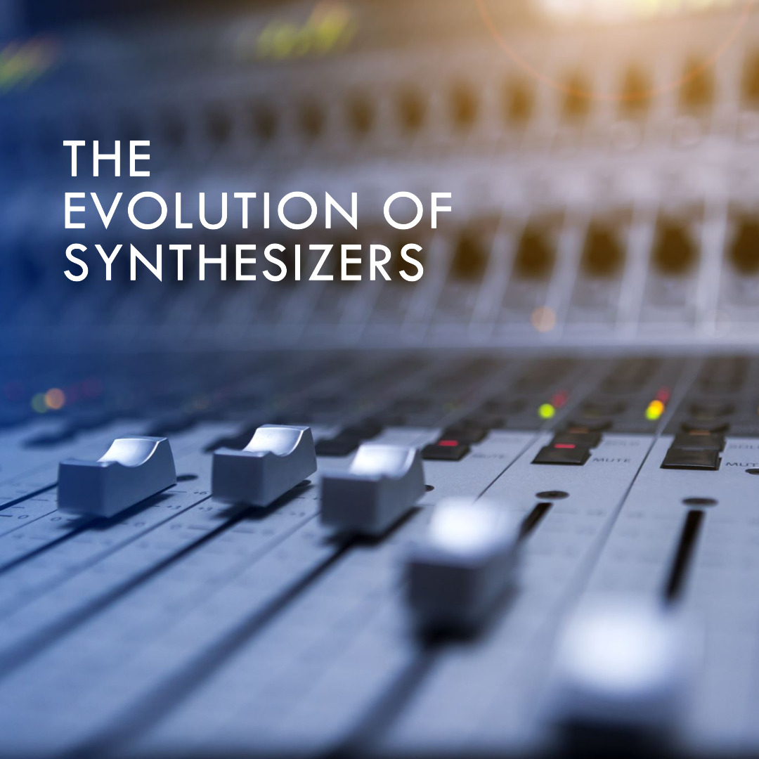 A mixer board shot with low angle with the words "The Evolution of Synthesizers" on the left side.