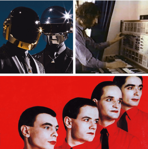 From left the legendary French EDM Duo Daft Punk, Pete Townshend toying around on his ARP 2500 and the progenitors of modern Electronic music Kraftwerk who helped pioneer synthesizers in pop culture.
