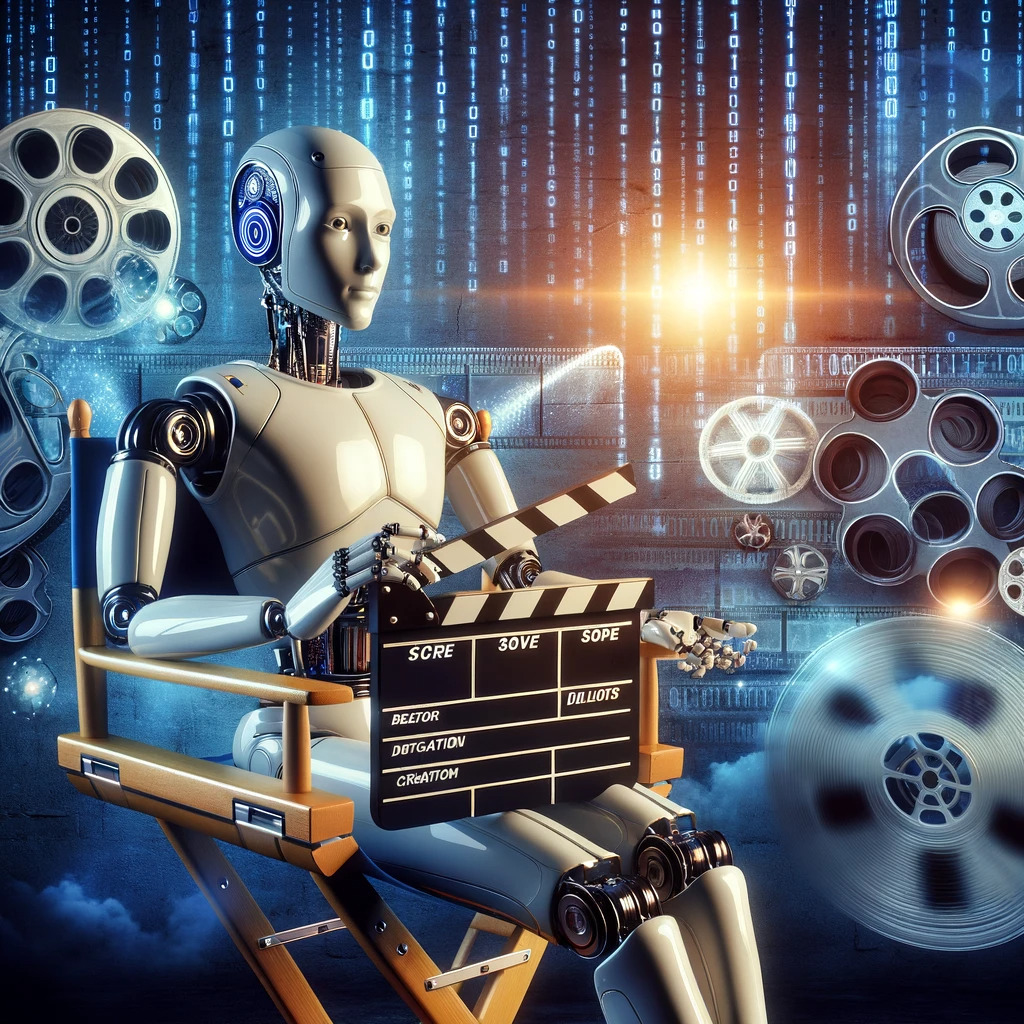 A humanoid robot director on a film set, holding a clapperboard with film reels and binary code in the background, embodying AI's role in filmmaking.