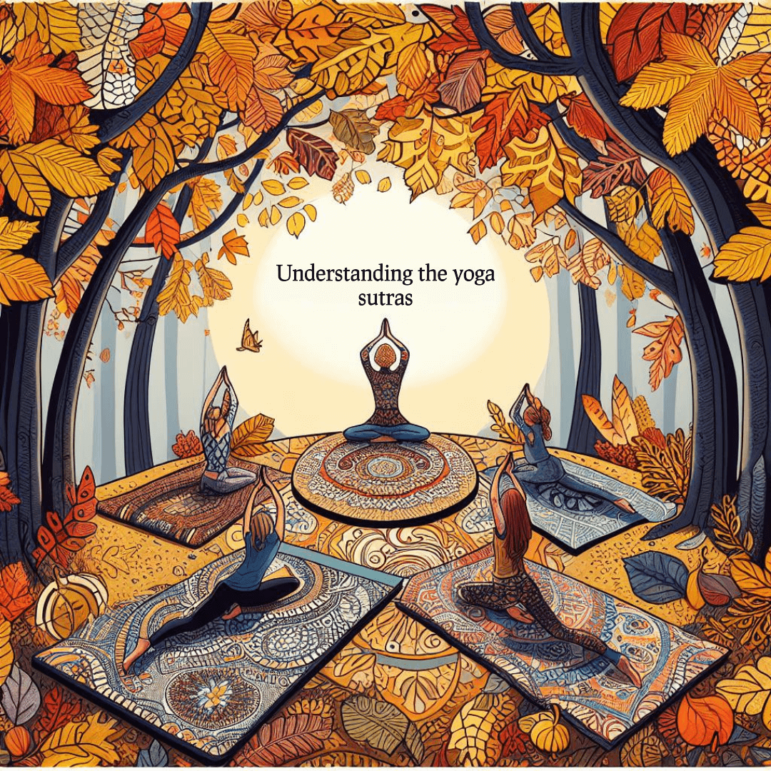 A picassoesque cover image for the blog post understanding the yoga sutras with a fisheye feel and with abundance of orange and other auttum colours,. there are four yogis with their guru at the center in an autumn forest
