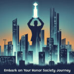 A slightly corporate poster of the blog titled The Honor Society Journey: Navigating Excellence, Community, and Impact. On which there is a skyline and a man is holding out a trophy