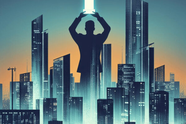 A slightly corporate poster of the blog titled The Honor Society Journey: Navigating Excellence, Community, and Impact. On which there is a skyline and a man is holding out a trophy
