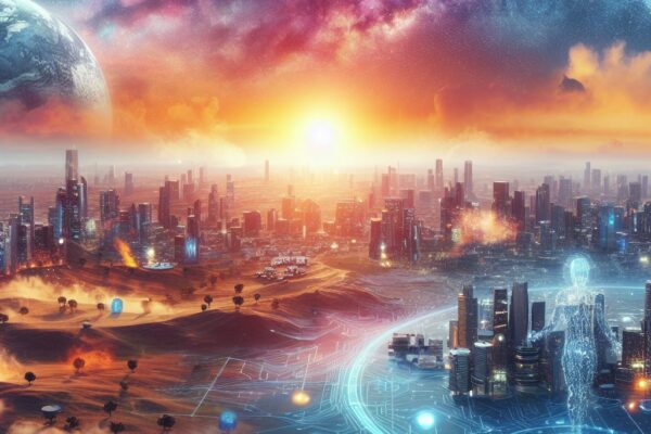A conceptual image showcasing artificial intelligence, where there is a desert city full of futuristic skyscrappers and a small portion of it is surrounded by digital data and glowing circuits, with a giant hologram in the middle, symbolizing the connection and interaction between humans and technology.