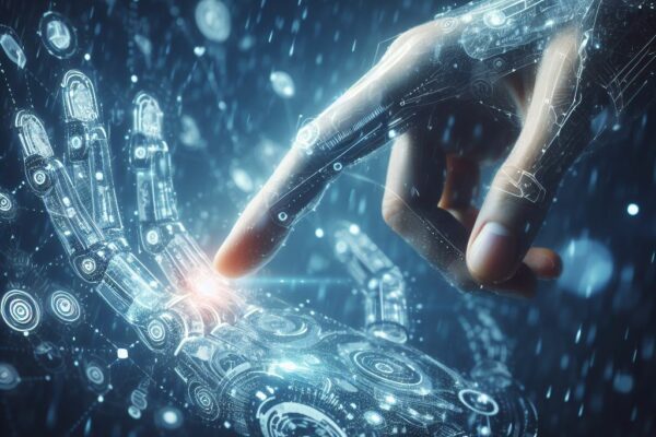 A conceptual image showcasing artificial intelligence, where a human hand and a robotic hand are intertwined in a gentle touch, surrounded by digital data and glowing circuits, symbolizing the connection and interaction between humans and technology.