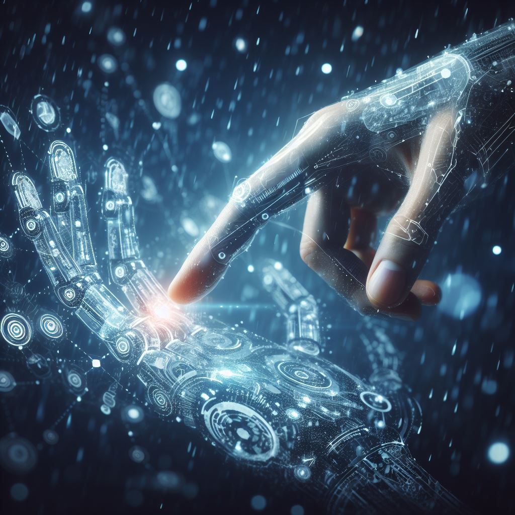 A conceptual image showcasing artificial intelligence, where a human hand and a robotic hand are intertwined in a gentle touch, surrounded by digital data and glowing circuits, symbolizing the connection and interaction between humans and technology.